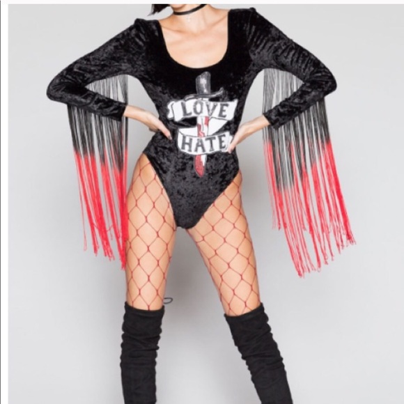 Love and hate fringe black velvet bodysuits - Picture 5 of 8